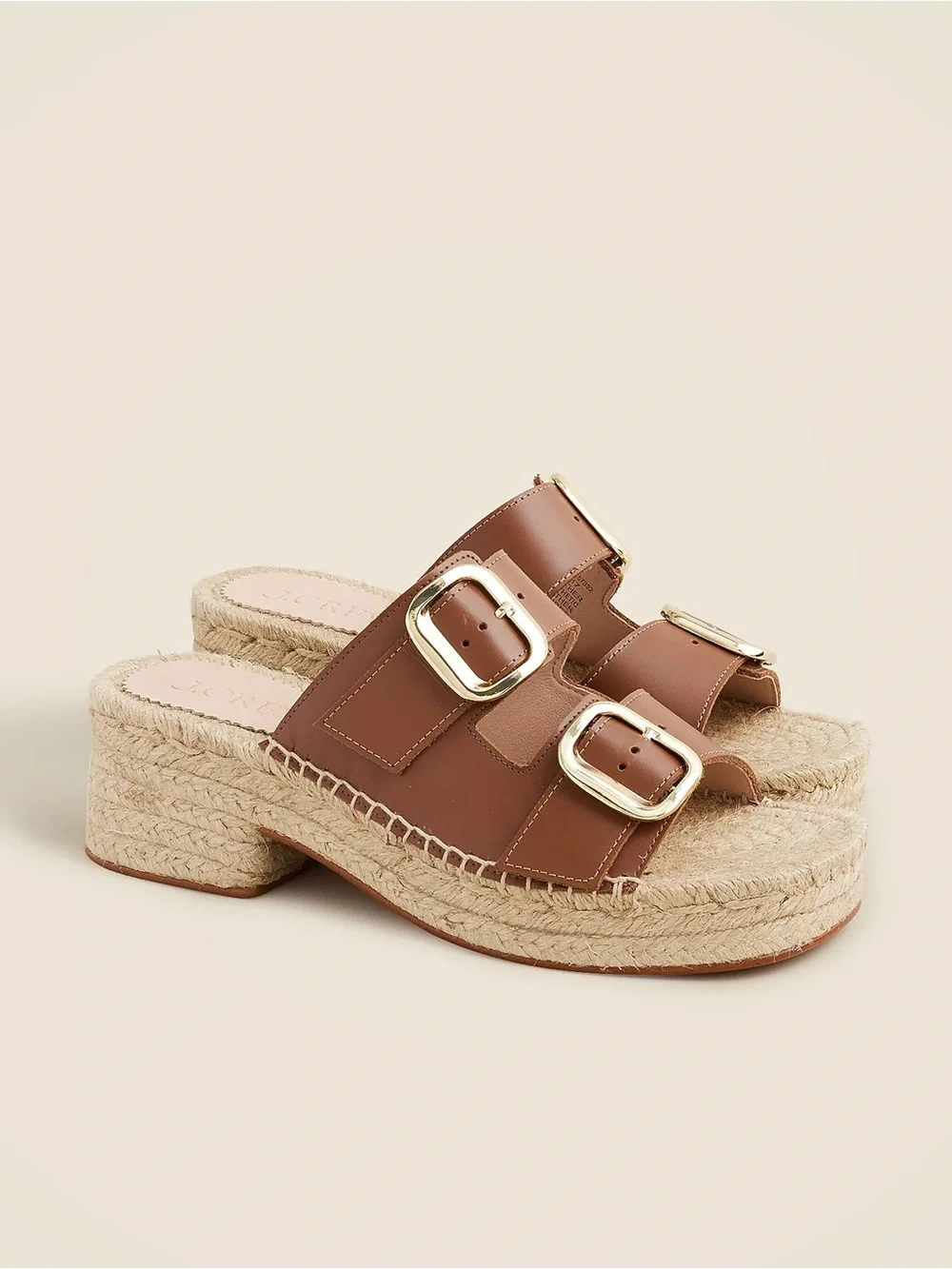 Jcrew Brown Leather Espadrille Platform Slide with Gold Buckles